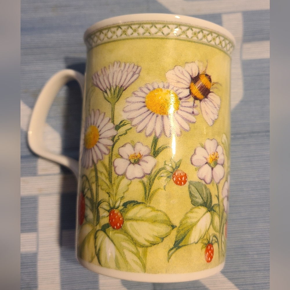 Floral Mug with Bee and Strawberry Design Roy Kirkham 2001